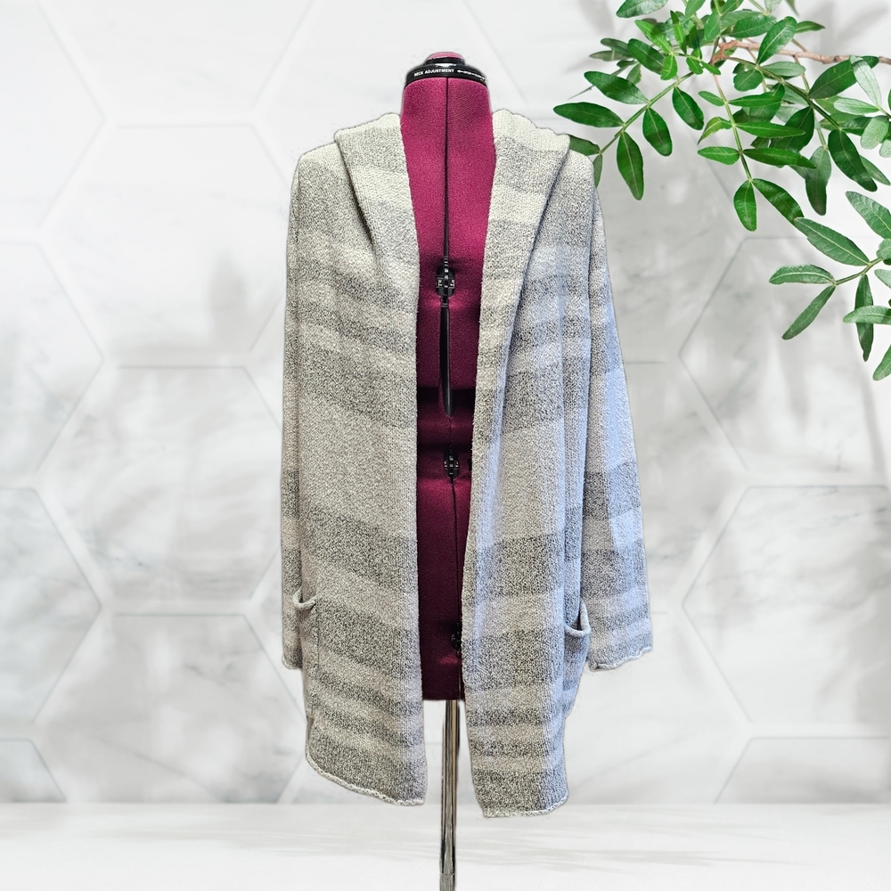 Eddie Bauer Lounge Sleepwear Cozy Hooded Open Front Cardigan Grey Stripe
